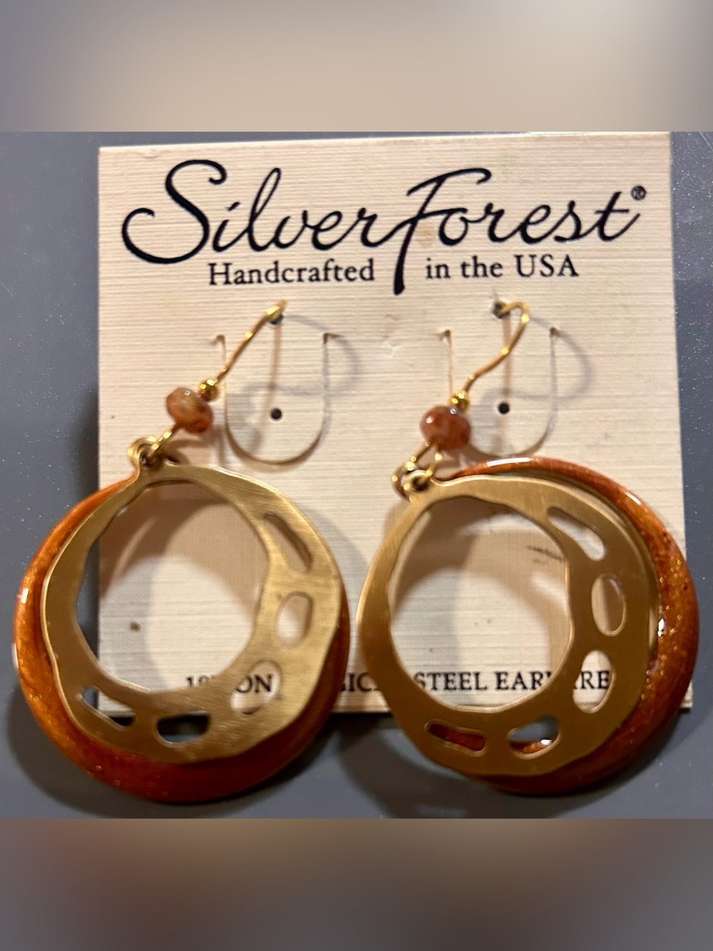 Silver Forest Handmade Gold Tone & Amber Hoop Dangle Earrings